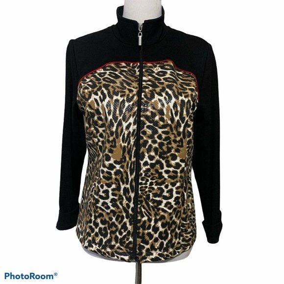 Women's Leopard Animal Print Petite PS Zip Front Jacket Top Active Stretch VTG - Picture 2 of 7